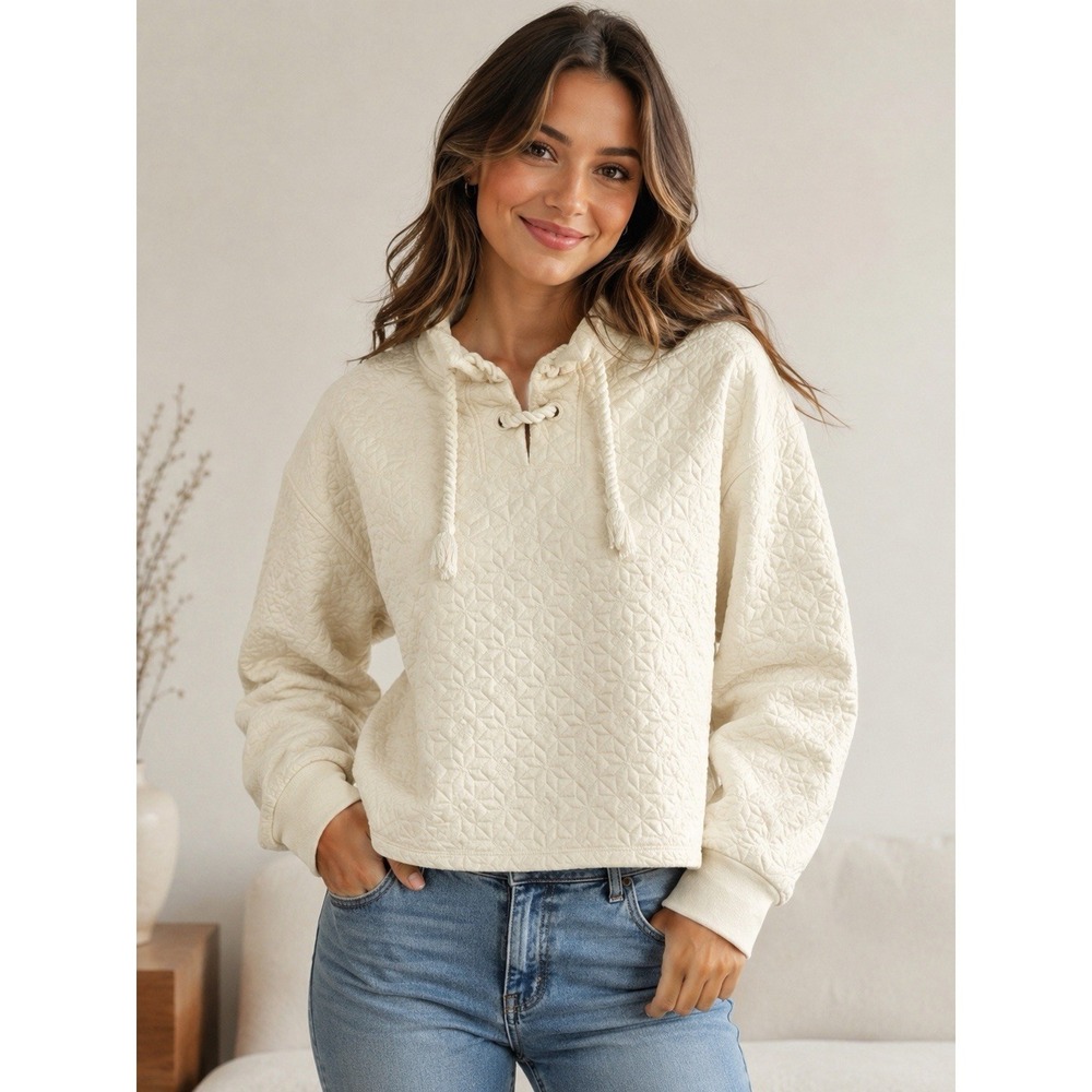 Madewell Quilted-Knit‎ Lace-Up Sweatshirt Cream Color Women's Size Medium